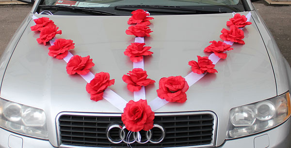 Свадебная лента на машину "Розы" (красная, 3 луча)