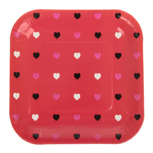 Квадратные бумажные тарелки "Сердечки" (6 шт, 18 см, красные)